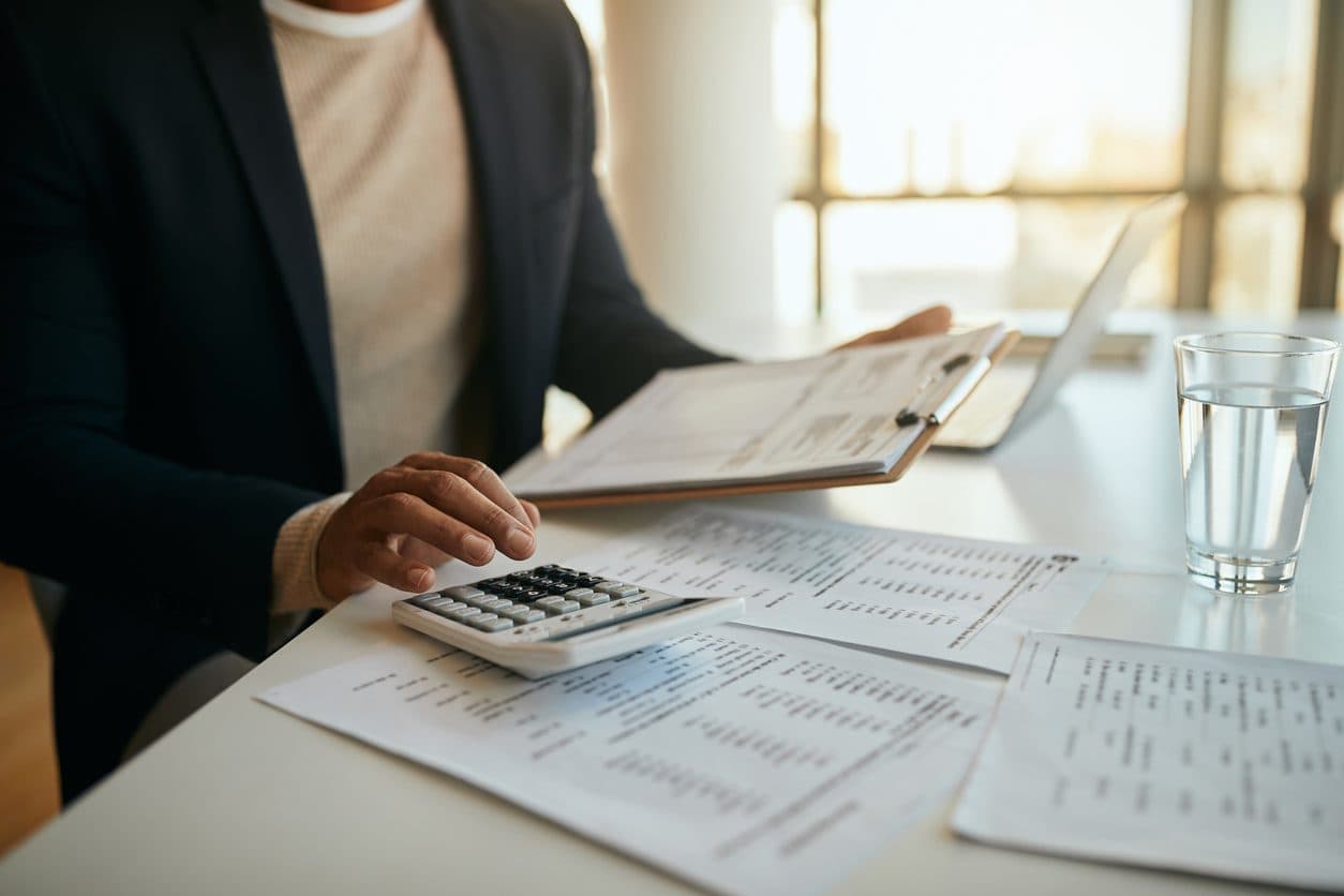 Close up of African American entrepreneur going through business budget and using calculator in the office